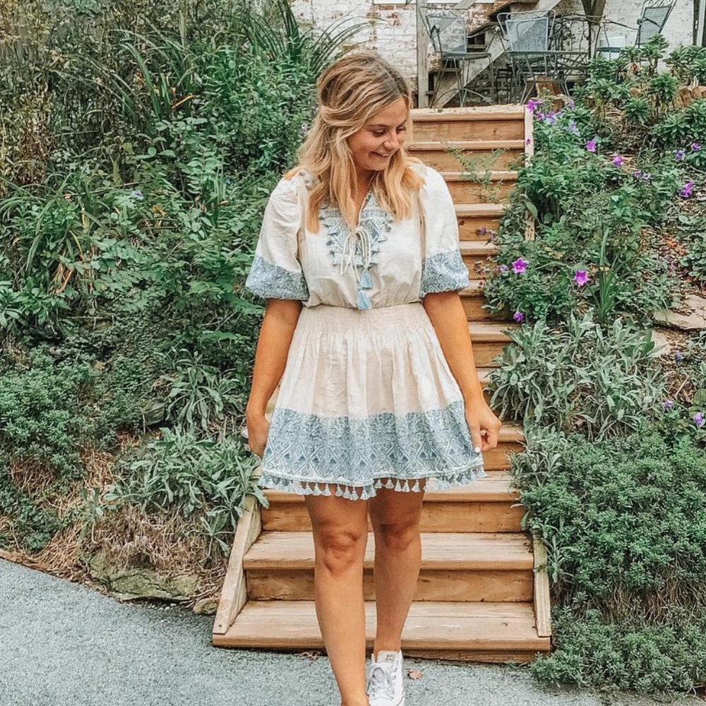 Chicwish Cream Mini Dress with Blue Trim